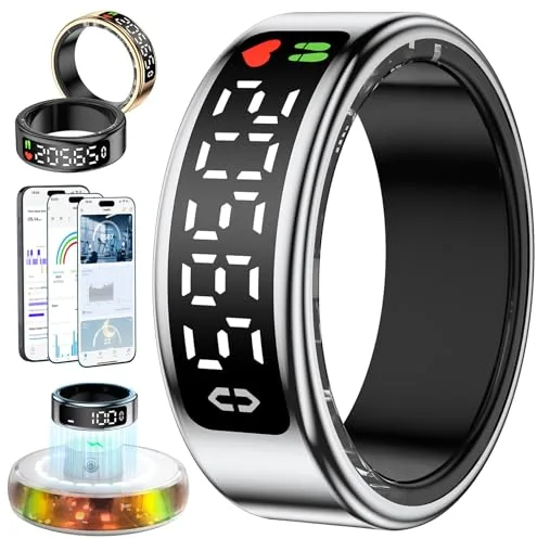 2025 Anillo Inteligente Hombre Mujer, Smart Ring con Pantalla LED, Health Fitness Ring Tracker IP68, Smartring con iOS y Android para Monitorear el Sueño/Pulsometro/SpO2/Estrés/HRV (Plateado, 13)