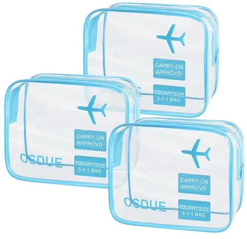 OSDUE Neceser Viaje, 3 Piezas Neceser de Aseo Transparentes Avión Bolsa de Cosméticos para Maleta Bolsa Maquillaje Organizador de Viaje para Mujer para Transportar líquidos Viajes BañO-Azul
