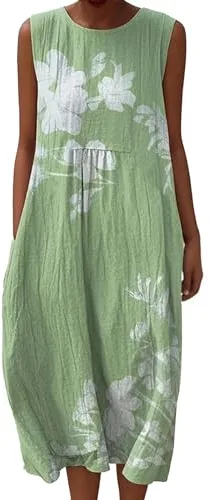 Vestido Playa Mujer Sin Mangas Vestidos para Mujer 2025 Talla Grande Largo con Bolsillos Cómodo de Verano para Maxi Verano Dresses Aspecto de Lino sintético