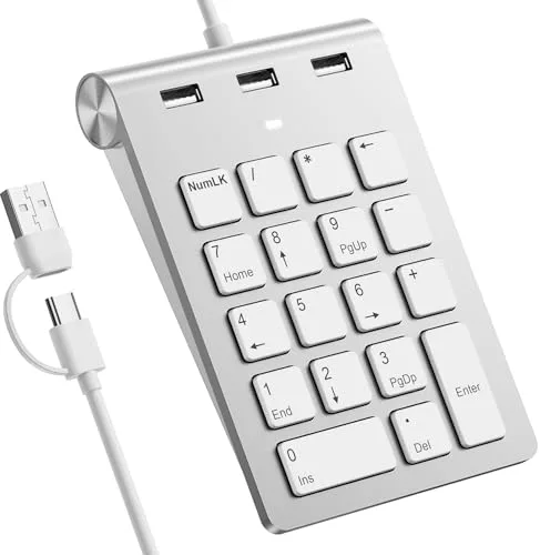 Teclado Numérico Cableado USB-C&USB-A Teclado Numérico 18 Teclas con 3 Puertos USB 2.0, Teclado Numerico para Laptop/Escritorio/Surface/iPad, TecladoNumérico USB para Windows/macOS/Chrome OS