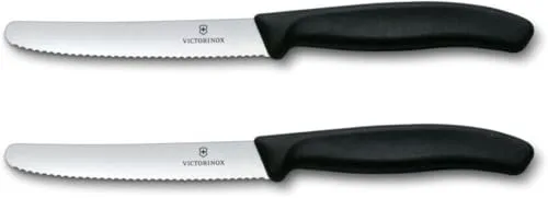 Victorinox Swiss Classic, Cuchillo de desayuno, Cuchillo para panecillos, Hoja afilada, Filo dentado, 11 cm, Mango de plástico, Acero inoxidable, Set de 2, Negro