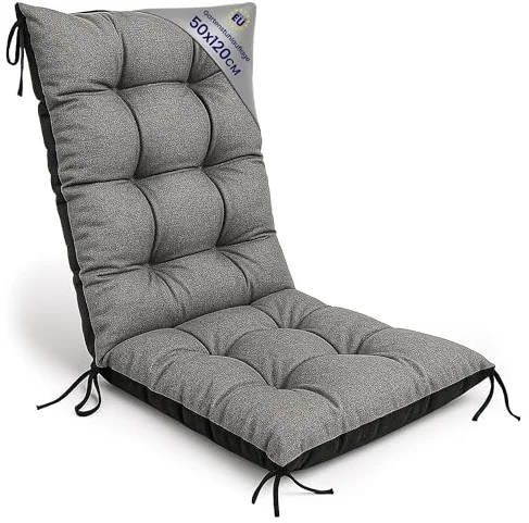 Amazinggirl Cojín Silla Jardín Respaldo Alto 50x120 cm - Colchón Asiento Exterior Mueble Patio Confort Impermeable Grueso Protección Gris Lino ecológico Terraza Sol