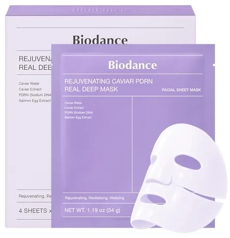 BIODANCE Mascarilla Rejuvenecedora de Caviar PDRN: Mascarilla Facial de Hidrogel Nocturna, Efecto Reafirmante e Iluminador, Cuidado de la Piel Coreano, 4 unidades x 34g