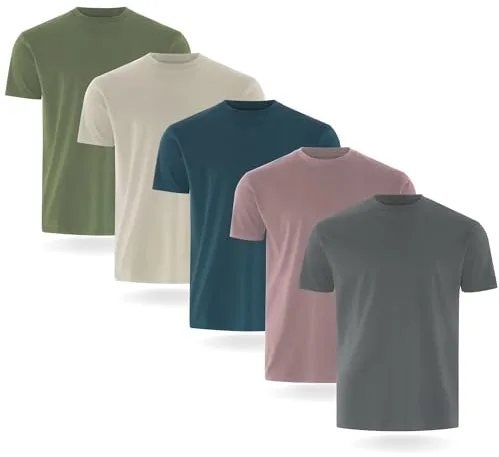 FM London Camiseta Paquete de 3/5 para Hombre - Camisetas de Peso Premium con diseño Ligeramente Ajustado, Piedra, Pizarra, Malva, Azul, Verde (Pack de 5), M