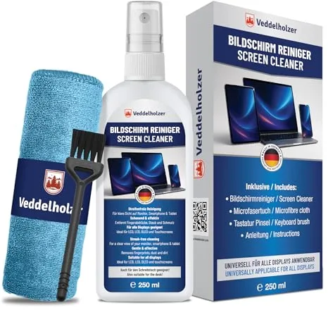 Veddelholzer 250 ml Limpiador de Pantalla – Limpiador de Pantalla con paño de Microfibra y Cepillo para Teclado – para Ordenador portátil, Monitor, TV, Smartphone, Pantalla de Coche, Limpieza sin