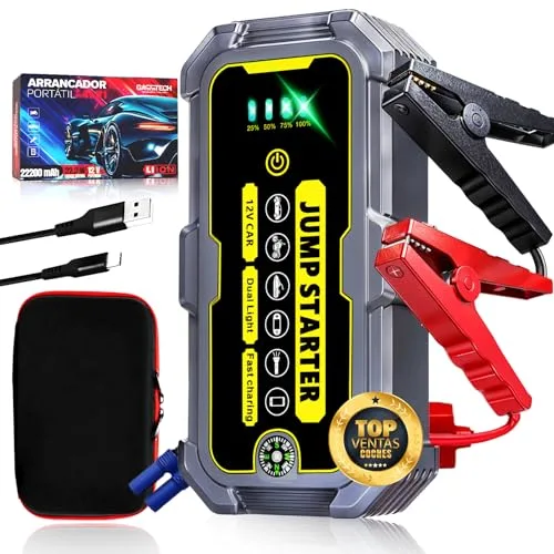 GARRTECH® Super Arrancador De Baterias De Coche 8000A Ultra RÁPIDO | Arrancador De Coches 12V para Motor 10L Gas o 9.0L Diésel | Arrancador De Coches Portatil con Pinzas | Linterna Led De Emergencia