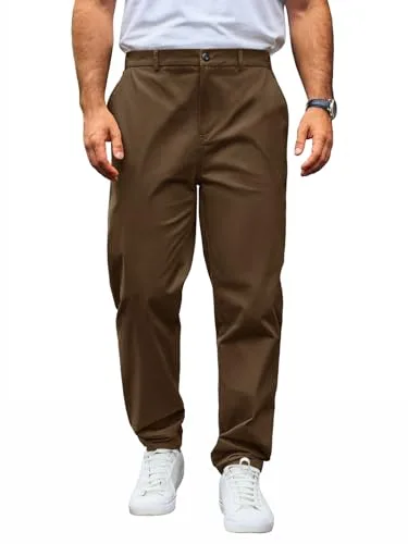 Runcati Pantalones chinos para hombre, corte regular, elásticos, pantalones de ocio, de algodón, pantalones largos y ligeros, pantalones de trabajo con cintura elástica, marrón, XL