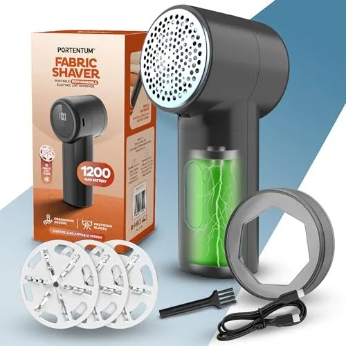 PORTENTUM Quitapelusas Electrico – Pantalla LED, 3 Velocidades hasta 9.000 RPM, Cuchilla 6 Hojas, hasta 2h de Autonomía, Quita Pelusas Ropa y Tejidos del Hogar USB C Recargable, Compacto y Potente