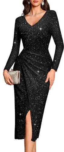 Bbonlinedress Vestido largo con cuello en V para mujer, vestido de invitada de boda, manga larga, lentejuelas con purpurina para vestidos de cóctel, Negro -, XXL