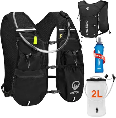 ONETOALL Chaleco Running Hombre Mujer, Running Vest, Ligero Chaleco para Correr, Mochila Hidratacion Trail Bolsilloso con Bolsa Agua 2L y Botella 500ml, Silbato y Reflectante para Ciclismo Senderismo
