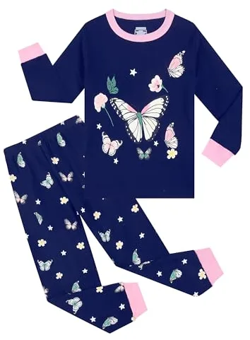 Gumyoss Pijamas para niñas Conjunto de Pijamas para niños Algodón Manga Larga Invierno Brilla en la Oscuridad/Mariposa 12 años