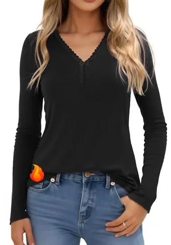 Crewhpo Camiseta Térmica Mujer Manga Larga Algodón Camiseta Interior con Encaje Cuello en V Camisetas Termicas Básica Top Ropa Termica Invierno
