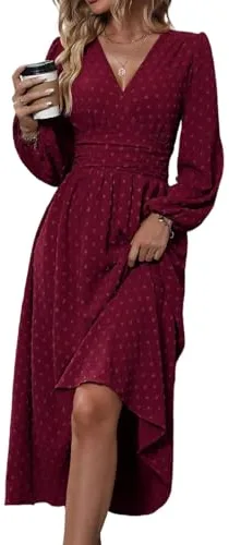 HUXRAKV Vestido Casual Vintage de Mujer para Otoño Elegante Cuello en V Diseño de Cintura Alta Elástica Ideal para Fiestas Celebraciones y Uso Diario,WD37-Rojo Burdeos,M