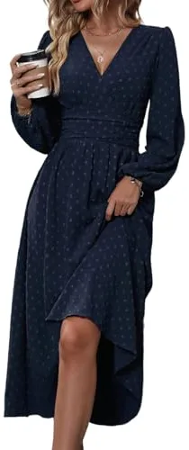 HUXRAKV Vestido Casual Vintage de Mujer para Otoño Elegante Cuello en V Diseño de Cintura Alta Elástica Ideal para Fiestas Celebraciones y Uso Diario,WD37-Azul Marino,XL