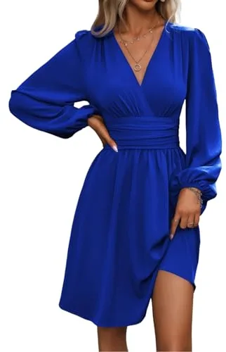 LIAMERHE Vestido Manga Larga Mujer Casual Vestidos Largos Cuello en V Elegante Vestido de Manga Farol Vestido línea A Otoño Invierno Azul L