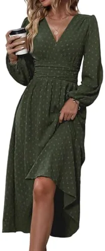 HUXRAKV Vestido Casual Vintage de Mujer para Otoño Elegante Cuello en V Diseño de Cintura Alta Elástica Ideal para Fiestas Celebraciones y Uso Diario,WD37-Verde Militar,L