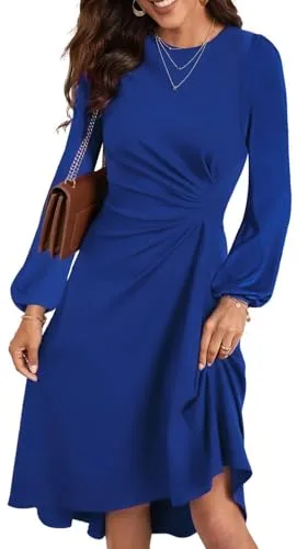 HUXRAKV Vestidos de Fiesta Mujer Elegantes Manga Larga Pliegue en la Cintura Vestido A-línea Coctel Vestido Invitada Boda,42-Azul,XL