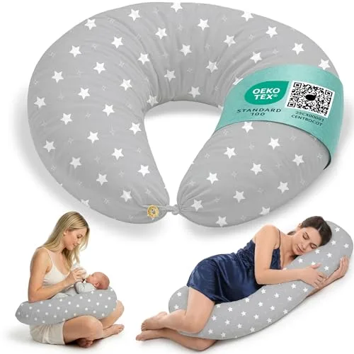 Almohada Embarazada y Cojin Lactancia Bebe para Dormir XXL Idea Regalo para Nuevas Mamás con Funda de 100% Algodón Almohada Multifuncional para Apoyo Espalda y Relleno Suave Accesorio de Maternidad