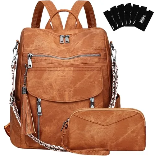 LEASOUL Mochila Mujer de Cuero Vegano Impermeable y Antirrobo, Mochila Elegante para Portátil, para Oficina, Universidad y Viajes