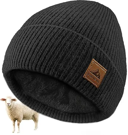 FORVEVO Gorro de lana para hombre de invierno, cálido gorro de lana para mujer con forro polar, gorro de invierno suave para hombre, gorro de punto resistente al viento, Negro , Talla única