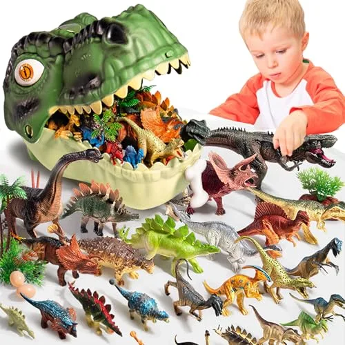 LUKIUP Juego de 46 Juguetes de Dinosaurios, 26 Figuras realistas de Dinosaurios, Caja de Almacenamiento para 3, 4, 5, 6, 7 años, para cumpleaños Infantiles, Regalos