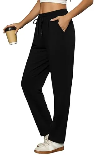Litherday Pantalón Deportivo Mujer Algodón con Cintura Elástica y Cordón Pantalón Chándal Mujer Cómodo para Casa Deporte Yoga Running Negro L