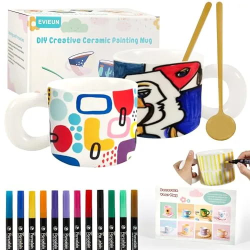 EVIEUN Juego de Pintura de Cerámica,Blanco Taza Para Pintar Kits,Incluye 2 Tazas(400ML),12 Rotuladores de Pintura y 2 Cucharas, Creatividad Para Adultos Kit de Manualidades