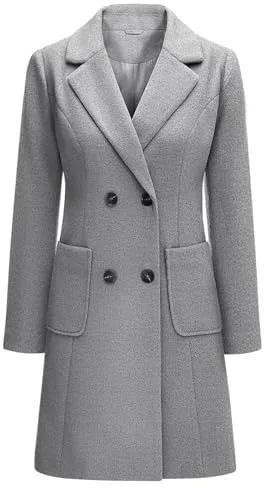 Yuson Girl Abrigo Mujer Invierno Doble Botonadura Abrigo Mezcla de Lana Grueso y CáLido Abrigos Paño Elegantes Coat con Cuello de Solapa Longitud Media Chaqueta(Gris, M)