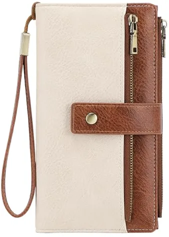 NEWIROVE Cartera Mujer Grande Monedero Piel PU Vintage Billetera con Cremallera Y Correa Extraíble RFID Carteras De Mujer con 24 Ranuras para Tarjetas Regalos para Mujer Señoras, Marrón & Blanco
