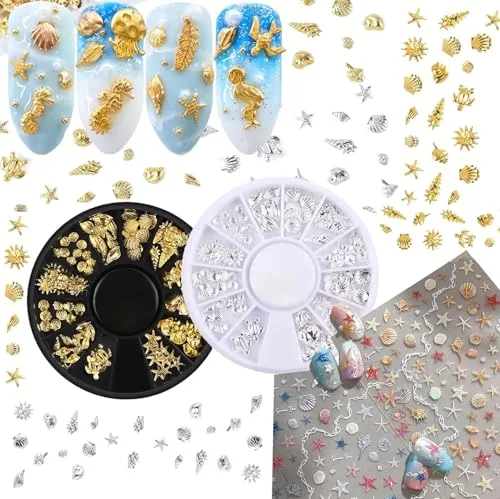 2 cajas de adornos para uñas + 2 pegatinas 3D de estrella de mar y concha para uñas Nail Art, joyería para uñas en oro, adornos para uñas 3D, accesorios para uñas, decoración de uñas de bricolaje