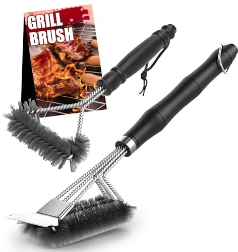 Homshsjhkis 2 Pcs Cepillo Barbacoa, Cepillo Parrilla con Raspador, Limpieza Cerdas Alambre Acero Inoxidable, Antideslizante Mango Aislamiento Térmico Grill Brush para Limpiar Parrillas, Redes Asar