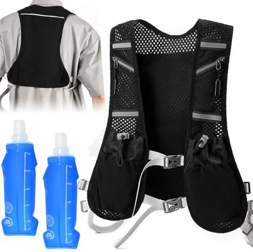 VGECEE Chaleco Hidratacion Trail Running + 2 Soft Flask 500ml Mochila Trail Running Hombre/Mujer Chaleco para Correr Hombre Running Vest con Tira Reflectante y Malla Transpirable para Trail Ciclismo