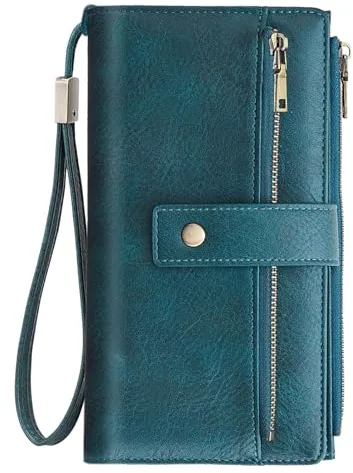 NEWIROVE Cartera Mujer Grande Monedero Piel PU Vintage Billetera con Cremallera Y Correa Extraíble RFID Carteras De Mujer con 24 Ranuras para Tarjetas Regalos para Mujer Señoras, Azul Pavo