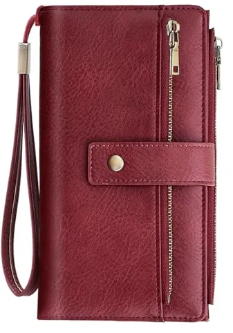 NEWIROVE Cartera Mujer Grande Monedero Piel PU Vintage Billetera con Cremallera Y Correa Extraíble RFID Carteras De Mujer con 24 Ranuras para Tarjetas Regalos para Mujer Señoras, Vino Rojo