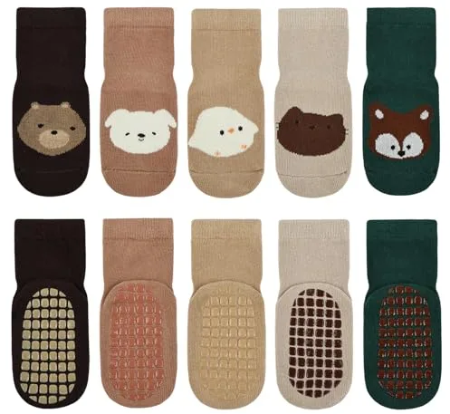 Vicloon Calcetines de Bebé,5 Pares Calcetines Antideslizantes de Algodón para Bebé,calcetines de dibujos animados con agarre para Bebés, Niños y Niñas(0-12 Meses)