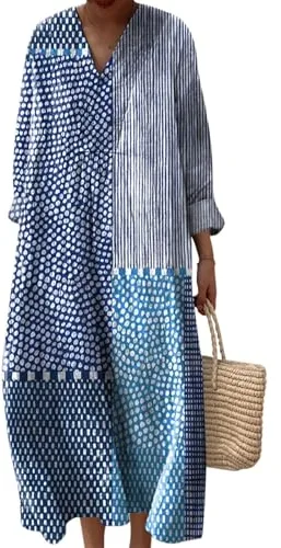 Vestido Largo Mujer Estampado Floral con Manga Larga y Escote en V, Túnica Boho Holgada Casual para Primavera Otoño, Vestidos Elegante Diario Talla Grande