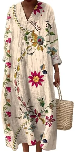 Vestido Largo Mujer Estampado Floral con Manga Larga y Escote en V, Túnica Boho Holgada Casual para Primavera Otoño, Vestidos Elegante Diario Talla Grande