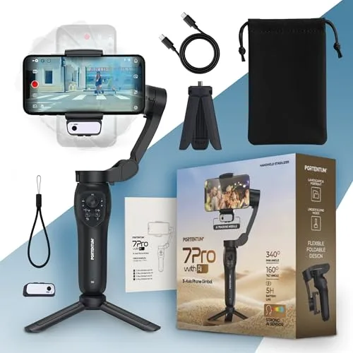PORTENTUM 7 Pro estabilizador para movil con módulo IA de Seguimiento Independiente – Gimbal para móvil de 3 Ejes Plegable con trípode – App – Compatible iPhone y Android – Vlog, Youtube y TikTok