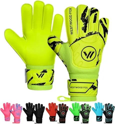 WESTWOOD FOX Guantes de Portero, Guantes de Fútbol con Protección de Dedos para Niños, Adultos, Palma Antideslizante de Látex Dumbo (Amarillo-Blanco, Talla 8 Adecuada para Jóvenes y Adolescentes)