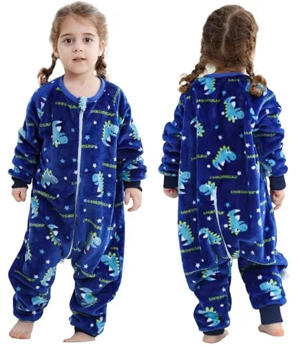 HAHASHOW Pijama Manta Niño Franela Saco De Dormir Con Pies Tog 2.5 Buzo Bebe Invierno Ropa Bebe Niña 9-18 Meses, Dino Azul