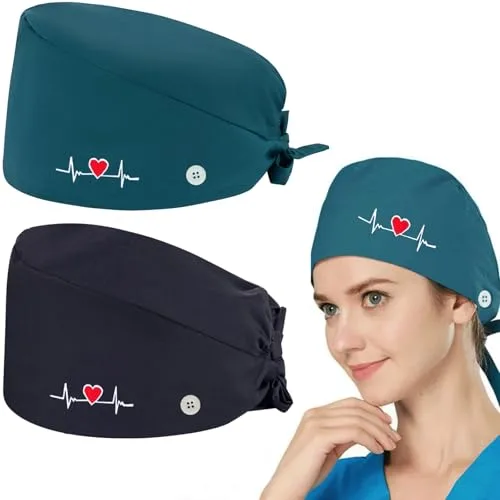FAYAHAR 2 Piezas Gorro Quirófano, Enfermera Gorros, Ajustable Gorro Quirúrgico con Botones y Sudadero Frontal, Gorros Quirofano Algodón, para Médico Dentista Enfermera, Talla Única