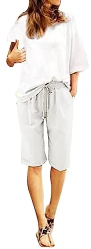 Bermudas de lino para mujer, con cordón, cintura alta, rectas, para verano, sueltos, cómodos, informales, para vacaciones o playa, blanco, XXL