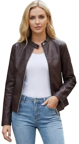 chiguomaoyi Chaqueta Cuero Mujer Moto Biker Chaqueta Corta para el Otoño, Primavera (Café,L)