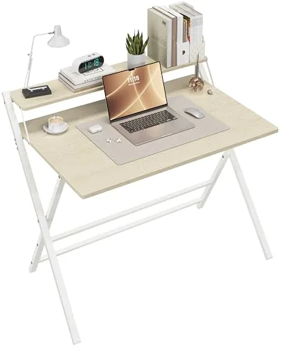 Yaheetech Escritorio de Ordenador Plegable 50x100x74.5cm con Estante de Monitor, Fácil de Plegar y desplegar, Adecuado para Dormitorio, Estudio y Salón, Beige