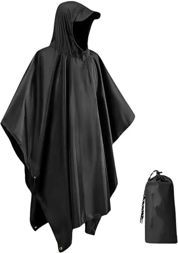 IBOPUXIU Chubasquero, Ligero, Reutilizable y Transpirable con Capucha, Impermeable Mujer Multifuncional 3 en 1 para Camping, Senderismo, Ciclismo y Pesca, Unisex （Negro）