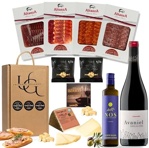 UNIVERSO GOURMET | Cesta Gourmet para Regalar | Vino DO.Ribera | Aceite Oliva Virgen Extra | Embutidos Ibericos Bellota | Paleta Ibérica y Queso Curado | Pate Pedro Ximenez y Picos Pan Artesanos