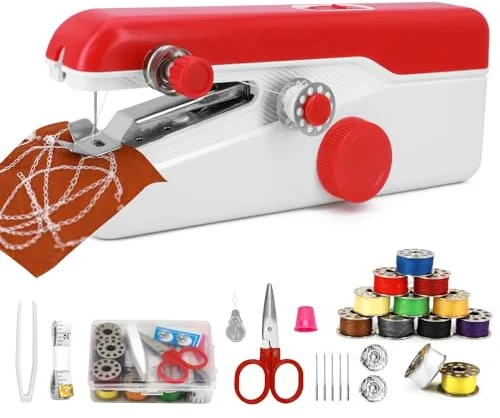 Máquina de Coser Portátil de Mano, Mini para Principiantes, Eléctrica con Puntada Rápida y Velocidad Ajustable, Kit de Reparación de Ropa DIY para Hogar y Viaje con Accesorios (Rojo)