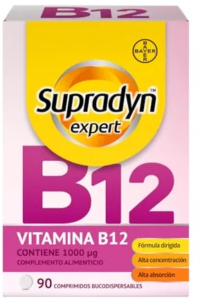Supradyn Expert Vitamina B12 – 1000 µg Metilcobalamina Pura – 90 Comprimidos Bucodispersable – Suplemento para Energía, Memoria, Cansancio, Sistema Nervioso, Glóbulos Rojos – Vegano, Sin Gluten