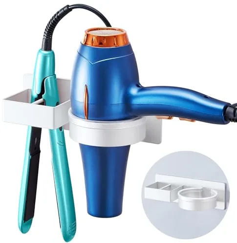 YYBO Soporte secador de Pelo, Soporte secador Pelo y Plancha, Soporte para secador de Pelo sin Taladro, Soporte Plancha Pelo, Soporte secador para Baño, hoteles, Barbershop (Blanco)
