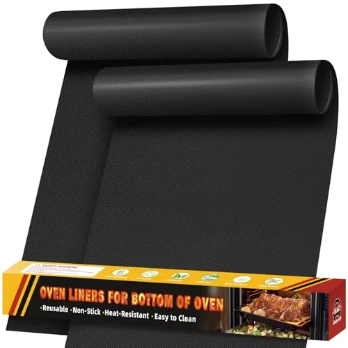 Protector Horno Antiadherente (Paquete de 2) – Revestimiento de Horno Reutilizable, Protector Fondo Horno de Teflon, Alfombrilla para Horno Compatible con la Mayoría de Hornos(40 x 60 cm, Negro)